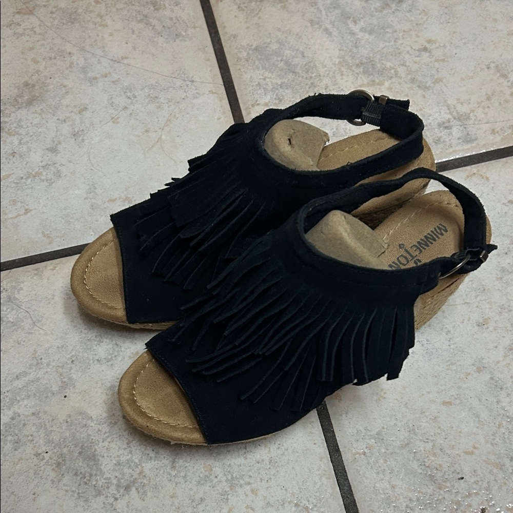 Minnetonka Black Fringe Wedge Sandals